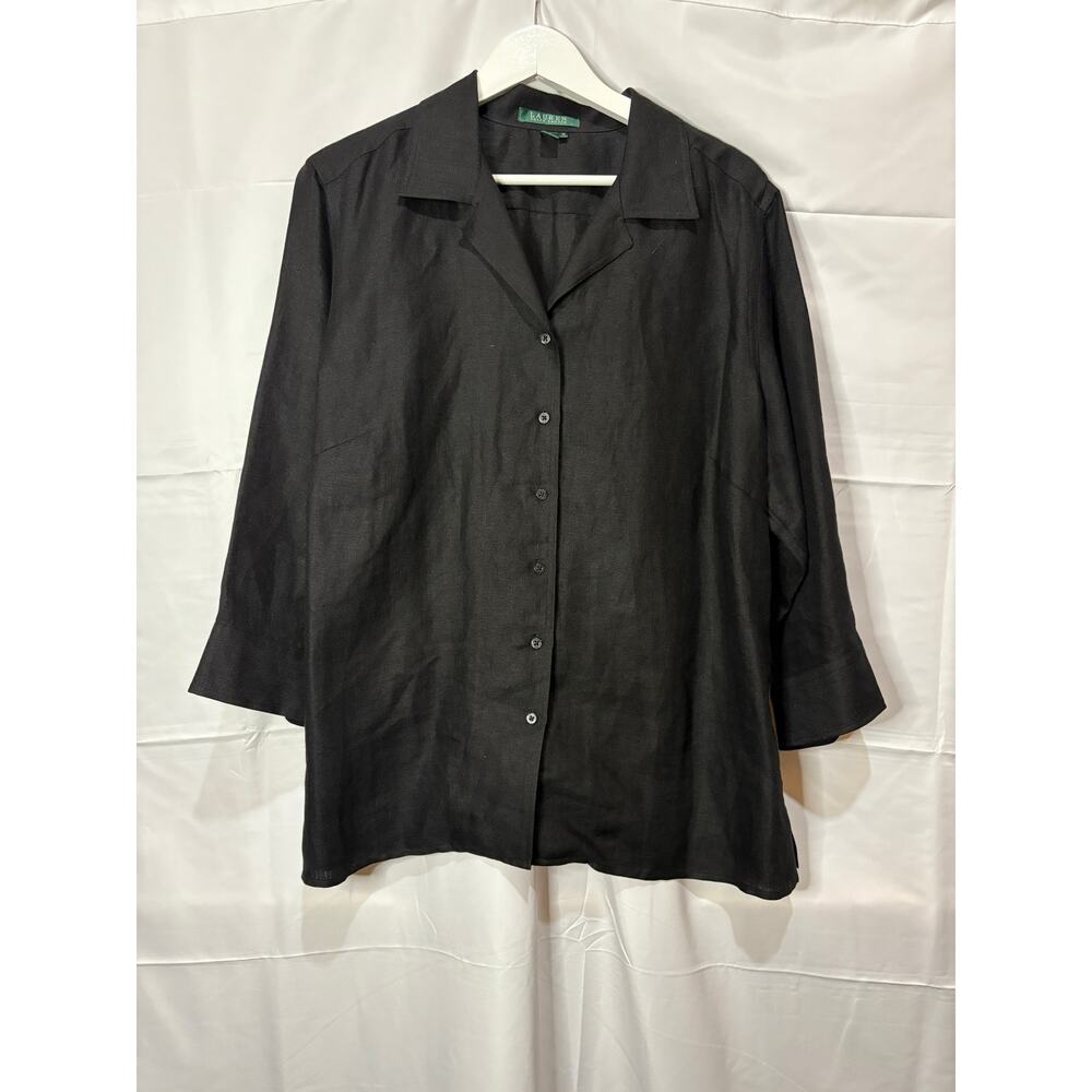 Lauren Ralph Lauren Black Linen 100% Linen Button Up Shirt Top 1X